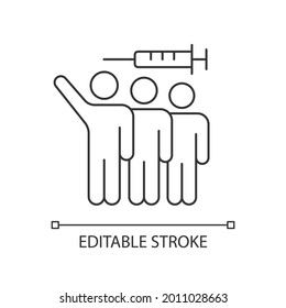 Volunteer testing linear icon. Population vaccination. Immunization with drug injection. Thin line customizable illustration. Contour symbol. Vector isolated outline drawing. Editable stroke