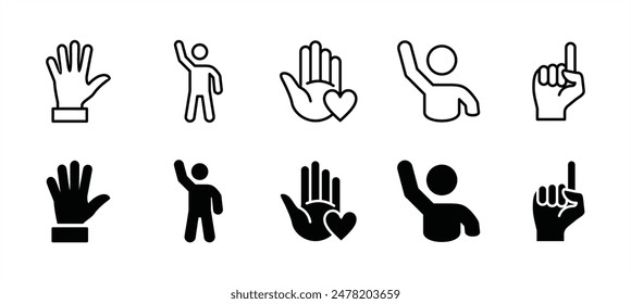 Volunteer thin line icon set. Containing care, support, point hand fingers, donation, forefinger, solidarity, assistance, hope, social, partnership. Vector illustration