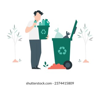 Volunteer throwing garbage into trash can. Flat style vector illustration for sustainability practices and environment saving conceptual design.