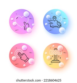 Iconos de línea mínimos de entrega de voluntariado, pantalla táctil y entrega Express. botones de esferas o bolas 3d. Iconos de atracción. Para web, aplicación, impresión. Atención social, Click hand, Courier location. Vector