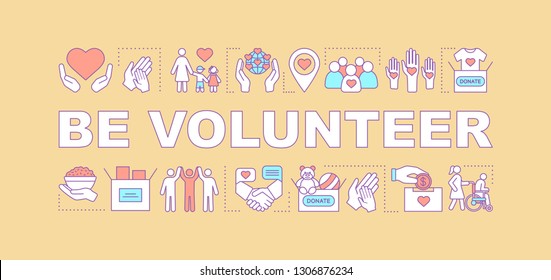 Volunteer training program word concepts banner. Charity, donation. Presentation, website. Charitable nonprofit organization. Isolated lettering idea with linear icons. Vector outline illustration