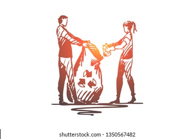 Volunteer, trash, eco, environment, clean concept. Hand drawn volunteers gather garbage concept sketch. Isolated vector illustration.
