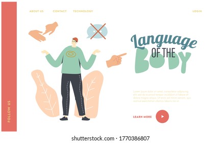 Volunteer Using International Communication without Words Landing Page Template. Hipster Character Use Deaf Gesture Language, Only Hand Gestures with No Sounds. Linear Vector Illustration