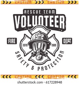 Volunteer vector emblem for fire department in vintage style isolated on background with grunge textures 