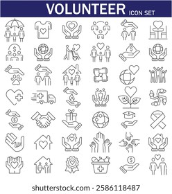 Volunteer Vector Line Icon Set. Volunteering, Charitable Organizations Logo Linear Pictograms. Donations, Humanitarian Aid, Peace-Keeping Missions Symbols Contour Illustrations . EPS 10 