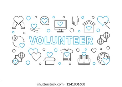 Volunteer vector outline horizontal illustration. Charity and Volunteering concept linear banner on white background