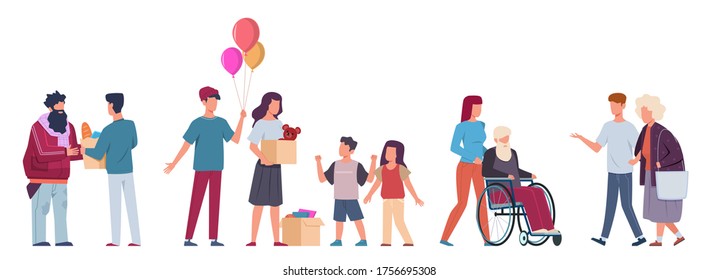 Volunteer. Volunteers Help People, Charity Community Collect Donation Support Old And Sick People, Give Food And Clothes. Flat Cartoon Vector Characters. Donations And Charity Concept