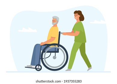 A volunteer walks with a gray-haired man in a wheelchair. Support and medical care for the disabled.