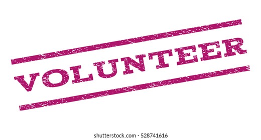 Volunteer watermark stamp. Text tag between parallel lines with grunge design style. Rubber seal stamp with dust texture. Vector purple color ink imprint on a white background.