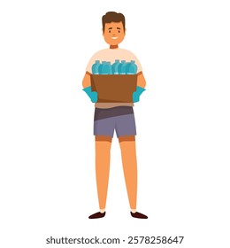 Volunteer wearing gloves carrying box full of plastic bottles, promoting recycling and environmental awareness