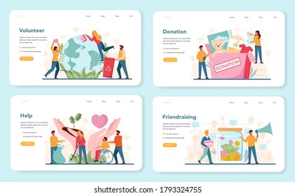 Volunteer web banner or landing page set. Charity community support people, donate clothes, take care of the planet, make a donation. Idea of care and humanity. Isolated vector illustration
