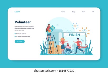 Volunteer web banner or landing page. Charity community support people in need, take care of the planet, make a donation. Idea of care and humanity. Isolated vector illustration