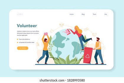 Volunteer web banner or landing page. Charity community support people, donate clothes, take care of the planet, make a donation. Idea of care and humanity. Isolated vector illustration