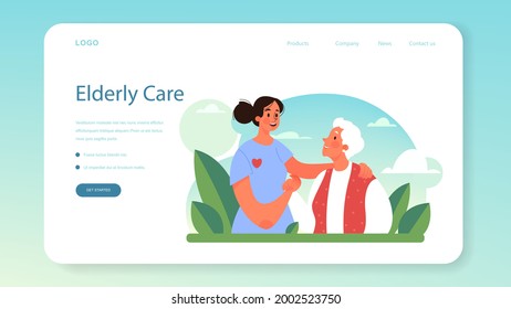 Volunteer web banner or landing page. Charity community support old and disabled people. Professional assistance for senior patience. Idea of care and humanity. Vector flat illustration