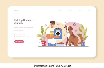 Banner web voluntario o página de inicio. Trabajadores sociales ayudan a los animales sin hogar, cuidan al animal del refugio animal. Hombre joven dando comida a un cachorro sin hogar. Ilustración plana del vector