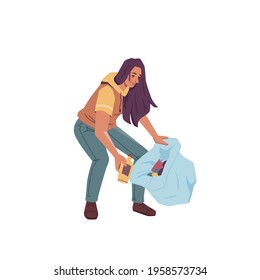 Volunteer Woman With Bag Gathering Garbage Trash Isolated Flat Cartoon Character. Vector Female Cleaning Up Globe From Wastes, Pickup Bottles And Papers Into Bin, Gather Litter, Protect Environment