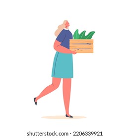 Volunteer Woman Carry Box with Tree Seedlings for Planting to Ground in Garden or City Park Isolated on White Background. Eco Activist Female Character Saves Nature. Cartoon People Vector Illustration