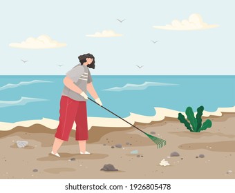 Volunteer woman is cleaning territory. Girl volunteering collect garbage on contaminated area. Cartoon character is removing plastic and paper waste with rake on dirty beach vector illustration
