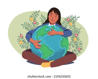 Mujer voluntaria abrazando el planeta salvador de la Tierra. Persona abrazando cuidando la esfera del mundo verde con amor. Protección del medio ambiente, concepto de conservación de la ecología ilustración vectorial plana