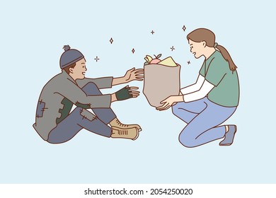 Volunteer woman give food donation to homeless person in street. Caring girl deliver donate charity nutrition eating package to people in need. Charitable activity, help. Flat vector illustration. 