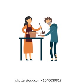 Volunteer Woman Giving Food To Homeless Man In Soup Kitchen. Cartoon People In Poor Meal Center - Isolated Flat Vector Illustration On White Background.