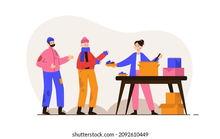 Volunteer woman giving food to homeless people in need. Jobless poor person in crisis. Charity, humanity, help and donation concept. Modern flat vector illustration 