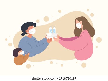 Volunteer Woman Giving Foods And Drinks To Old Mather And Child During COVID19. Flat Vector Illustration Of Sharing Food And Water To Homeless Or Unemployed People That Effected From Virus Outbreak.