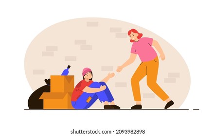 Volunteer woman giving a helping hand to homeless woman in need. Jobless poor person in crisis. Charity, humanity, help and donation concept. Modern flat vector illustration 
