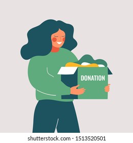 Volunteer woman holds donation box with old used clothes ready to be donated or recycled. Social care and charity concept. Vector illustration