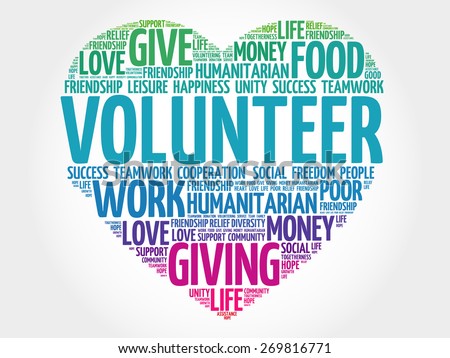 Volunteer word cloud collage, heart concept background
