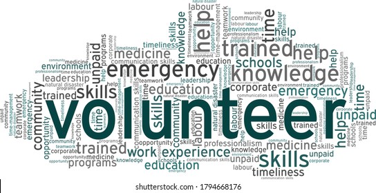 Volunteer word cloud isolated on a white background.