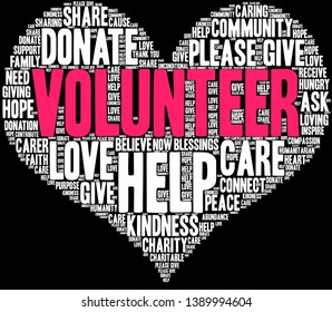 Volunteer word cloud on a black background.