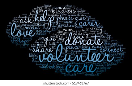 Volunteer word cloud on a black background. 