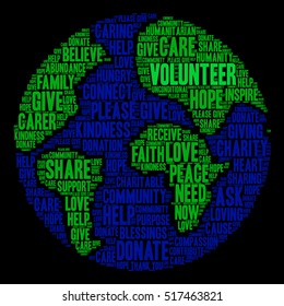 Volunteer word cloud on a black background. 