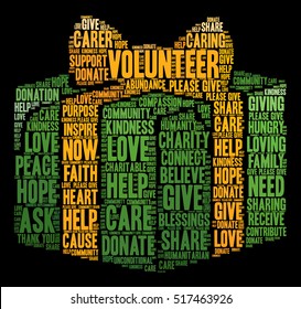 Volunteer word cloud on a black background. 