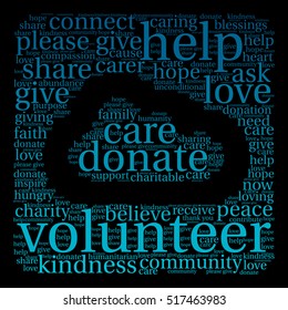 Volunteer word cloud on a black background. 