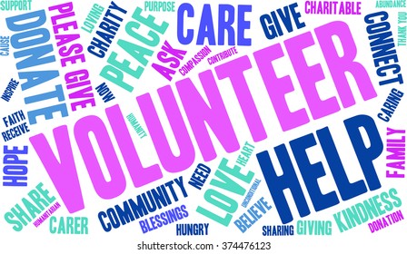 Volunteer word cloud on a white background.