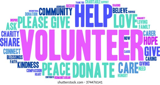 Volunteer word cloud on a white background.