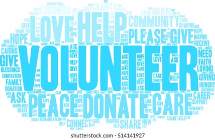 Volunteer word cloud on a white background.