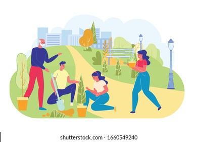 Volunteer Work in City Park in Spare Time, Banner. Young Girls and Guy Led by Older Man Plant Trees in Green Part City. Dug Hole, and Girl Inserts Seedling there. They Located near Main Path.