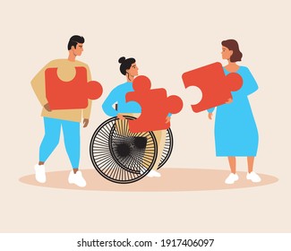 Volunteer work, disabled with a puzzle isolated. Flat vector stock illustration. Disabled in a wheelchair, volunteer care. Concept of volunteer work, inclusiveness. Jigsaw puzzle