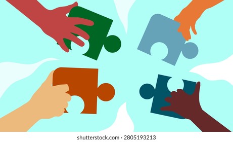 Volunteer work, hands put together one puzzle, color vector illustration