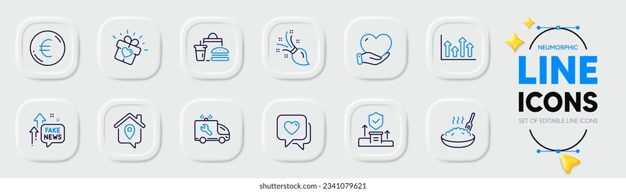 Iconos de línea de flechas de voluntariado, hogar de trabajo y superior para la aplicación web. Paquete de avena, regalo de amor, íconos del pictograma del corazón. Cepillo, servicio de coches, carteles de comida rápida. Noticias falsas, dinero en euros, agencia de seguridad. Vector
