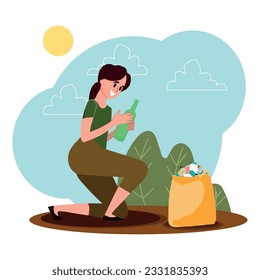 volunteer work, woman picking up garbage from nature, volunteer cleaning. vector illustration.