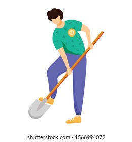 Volunteer working with shovel flat vector illustration. Young farmer, environmental activist isolated cartoon character on white background. Nature preservation, ecology protection design element