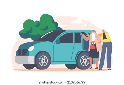 Volunteer Young Female Character Help to Old Woman to Sit inside of Car for Transportation. Volunteering, Support of Elderly People, Assistance and Social Care. Cartoon Vector Illustration