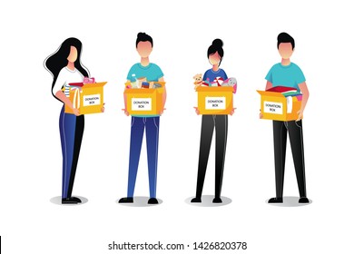 Volunteer young people with donation boxes, isolated on white background. Vector flat cartoon illustrations. Social care and charity concept.