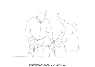 Jóvenes voluntarios ayudan a las personas mayores a caminar ilustración de arte de línea de Vector Trabajadores sociales que se preocupan por las personas mayores. Ilustración de arte de línea de Vector. 