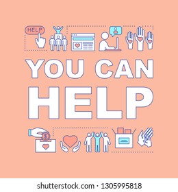 Volunteering abroad program word concepts banner. Nonprofit organization. Presentation, website. Charitable fundraising and help. Isolated lettering idea with linear icons. Vector outline illustration