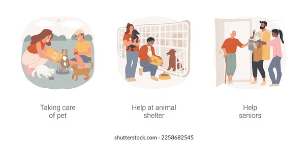 Volunteering activities isolated cartoon vector illustration set. Feeding dogs, take care of homeless pet, animal shelter, volunteer at nursing homer, help senior people, lifestyle vector cartoon.